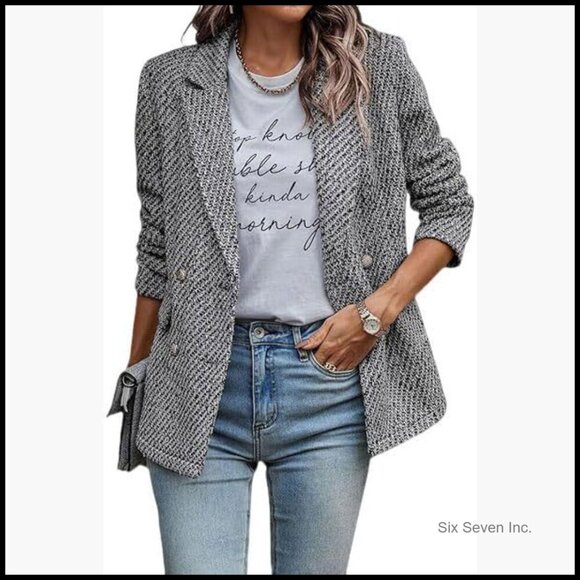 Jackets & Blazers - Tweed Blazer Double Breasted Office Jacket Long Sleeve Textured